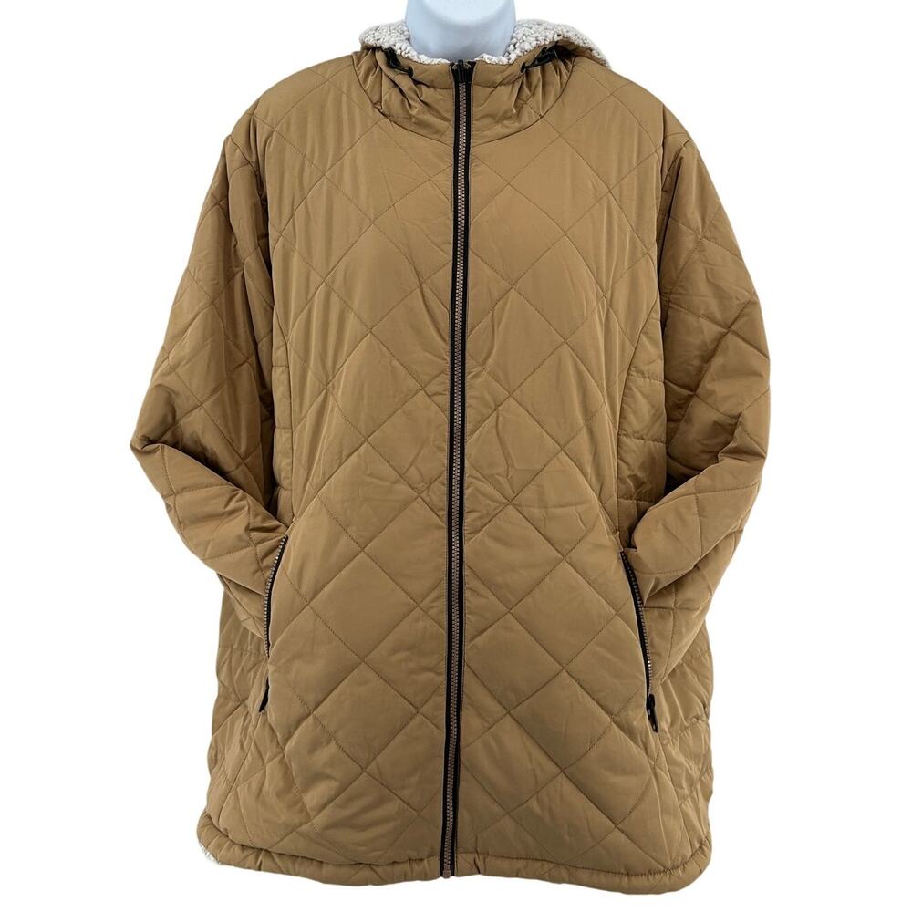 Free Country Jacket Womens 2X Tan Quilted Sherpa Fleece Lined Hooded Drawstring